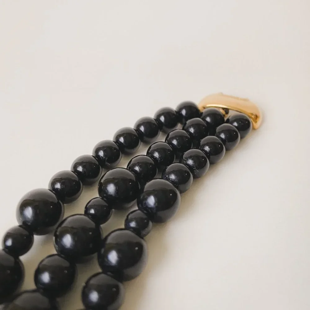 Vintage Monet Black Ball Round Beaded Multi Strand Statement Bib Necklace - Picture 8 of 12